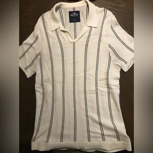 Hollister Mens Large Knit Sweater Polo Cream Stripe